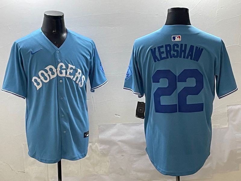 Men Los Angeles Dodgers #22 Kershaw Light Blue Joint Name 2025 Nike MLB Jersey style 13
